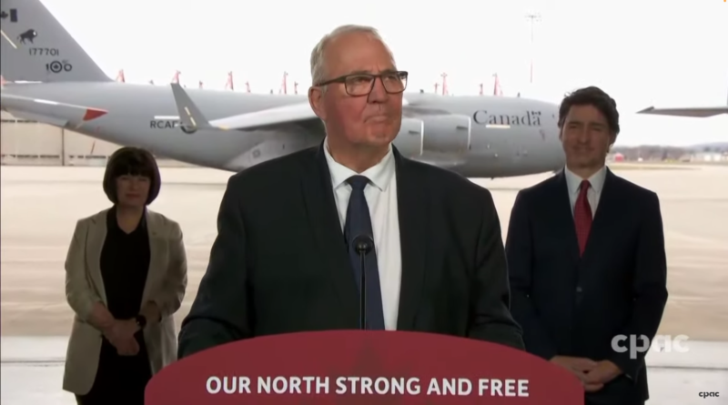 Screenshot of Bill Blair, Canada's Minister of Defence makes an announcement alongside PM Justin Trudeau (source: YouTube / CPAC)